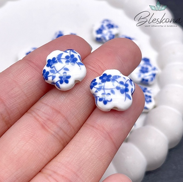 14,5*14 мм Керамика Бусина цветок роспись гжель №2 (штучно)