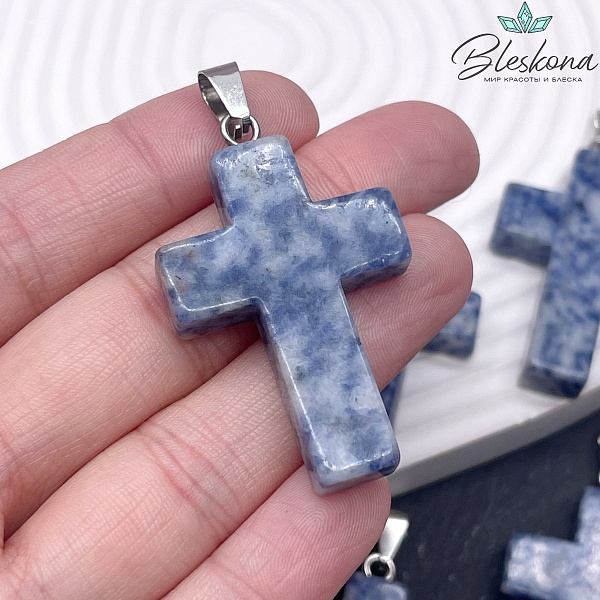 Подвеска крест Яшма синяя пятнистая, цвет серебро 44*28 мм