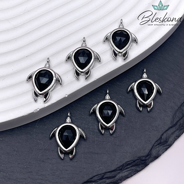 19*15 мм, Цвет серебро, Подвеска Черепаха Черный Агат