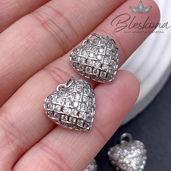 15,5*15 мм Цвет серебро, Подвеска сердце сетка с цирконами