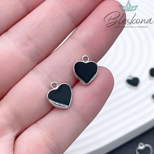 11*10 мм Цвет серебро, Подвеска сердце черная эмаль 