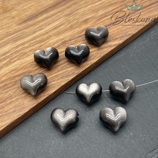 Бусина Сердце Обсидиан серебристый 15*17 мм