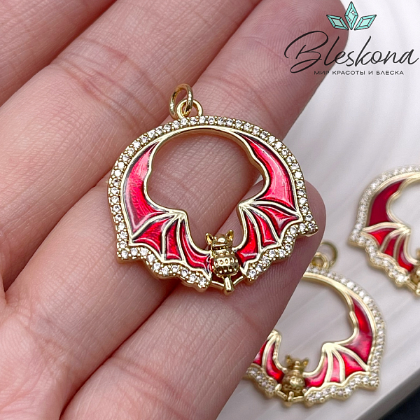 27*26 мм Цвет золото, Подвеска Летучая мышь красная эмаль