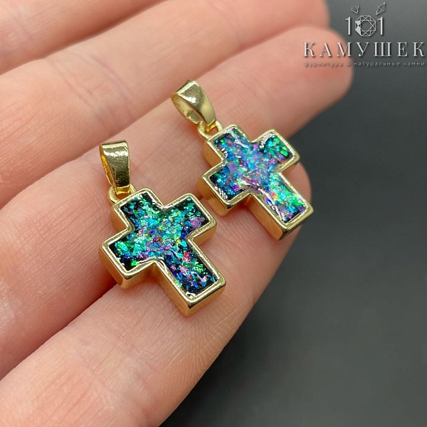 13,5*19мм, Цвет золото, Подвеска Крест сине-зеленый