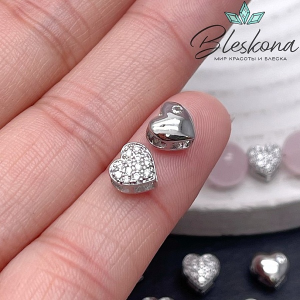 6,5 мм Цвет серебро, Бусина Сердце цирконы 