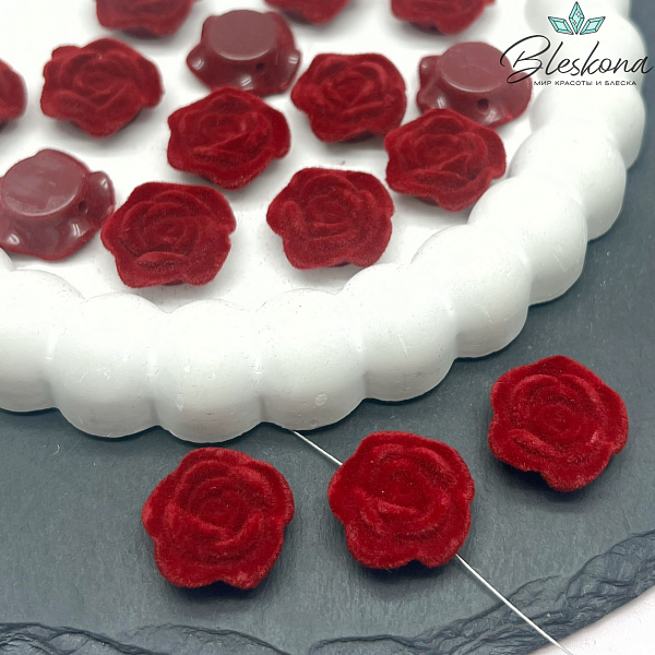 19мм Бархатная бусина Цветок - Роза, Цвет бордо
