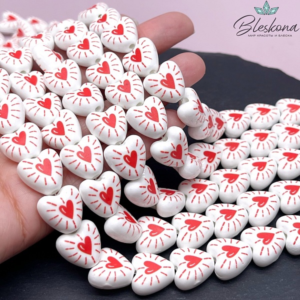 14,5 мм Бусина сердце, керамика цвет белый красный рисунок