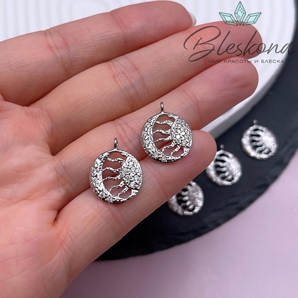 18*14 мм Цвет серебро, Подвеска солнце и луна цирконы 