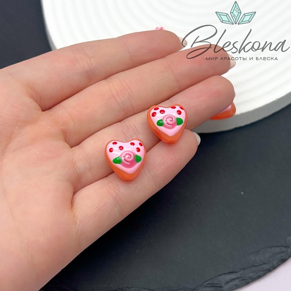 14 мм Бусина сердце коричневое с розовым