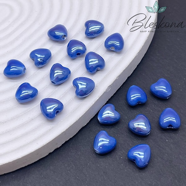 10 мм Бусина сердце, керамика цвет синий