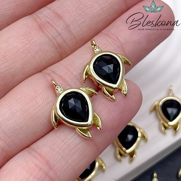 19*15 мм, Цвет золото, Подвеска Черепаха Черный Агат