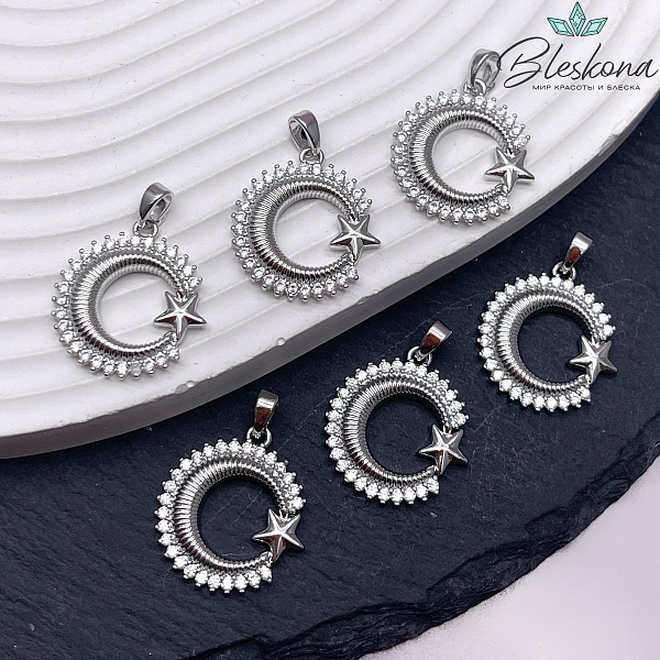 21*19,5 мм Цвет серебро, Подвеска полумесяц со звездочкой цирконы