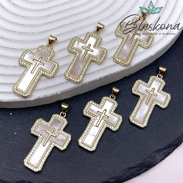 34*21,5 мм Цвет золото, Подвеска Крест с перламутром и цирконами