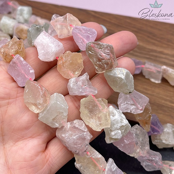 Микс куски розовый кварц, аметист, цитрин, пренит (14-18)*(15-19) мм