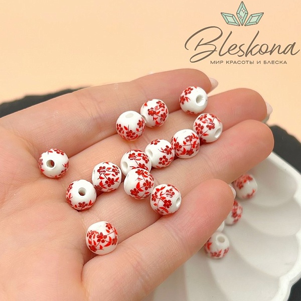 8 мм Керамика Бусина роспись гжель №10 (штучно)