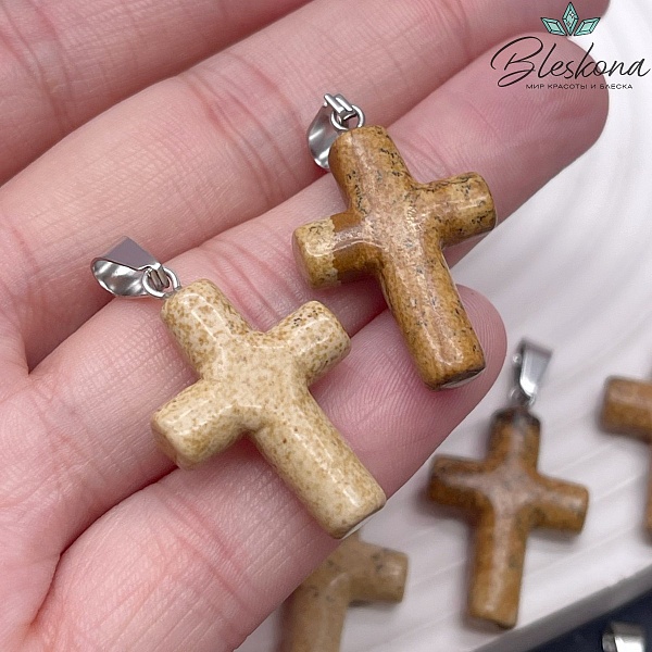 Подвеска крест Яшма песочная, цвет серебро 28,5*18 мм