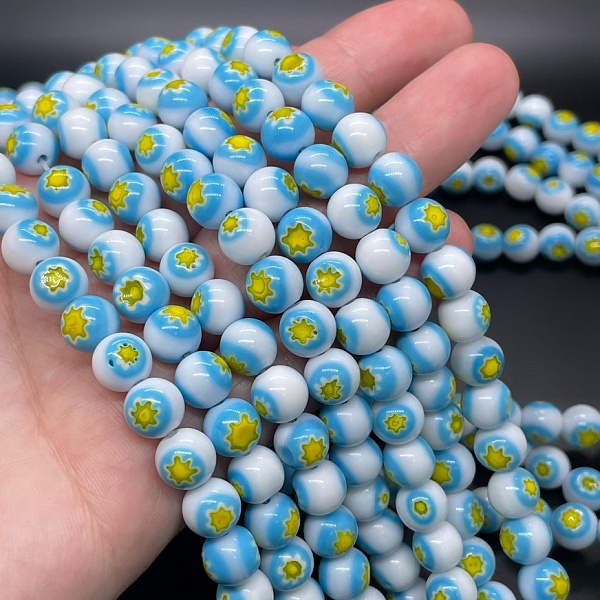 Муранское стекло голубое цветы желтые 8мм