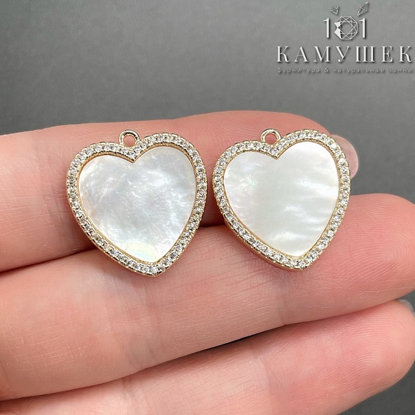 18*20мм, Цвет золото, Подвеска Сердце белый перламутр, с цирконами