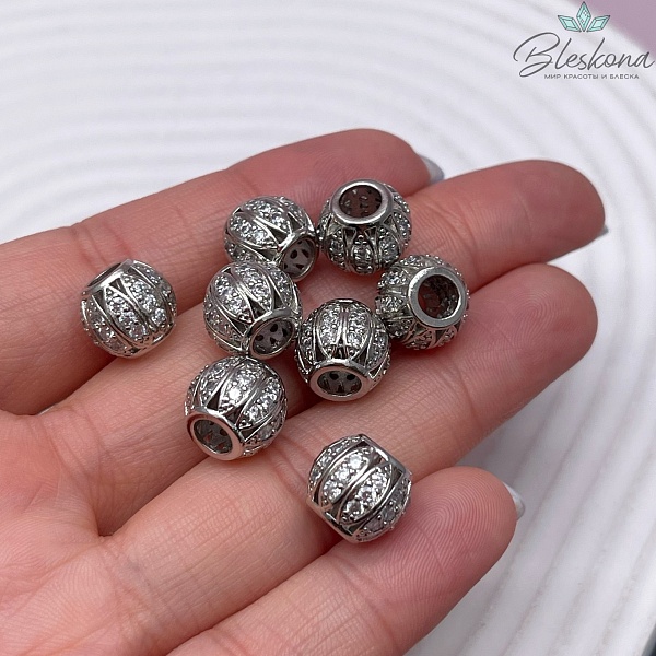9*10 мм Цвет серебро, Бусина - разделитель бочонок цирконы