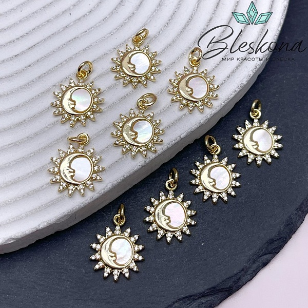 17,5*14 мм Цвет золото, Подвеска солнце, полумесяц с перламутром и цирконами