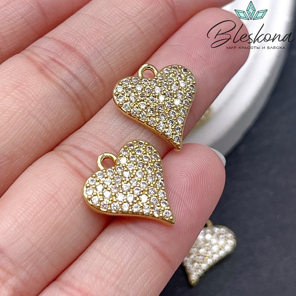15*16 мм, цвет золото, Подвеска сердце  цирконы 