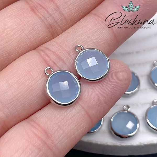 10,5мм, цвет серебро ,Подвеска круг мини Кварц тонированный голубой  огранка