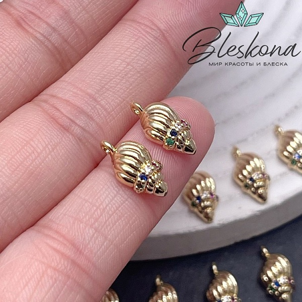 13,5*6,5 мм Цвет золото, Подвеска ракушка цирконы микс