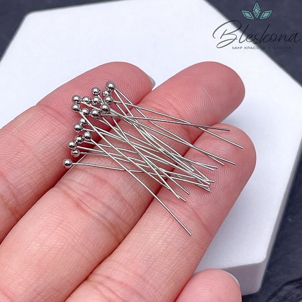 3 см*0,6 мм Цвет серебро, Пины шарик 2 мм мягкие уп. 10 шт 