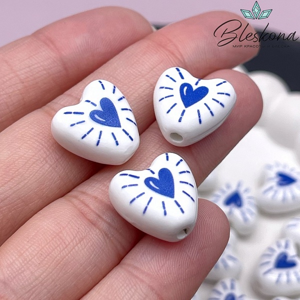 14,5 мм Бусина сердце, керамика цвет белый синий рисунок (штучно)