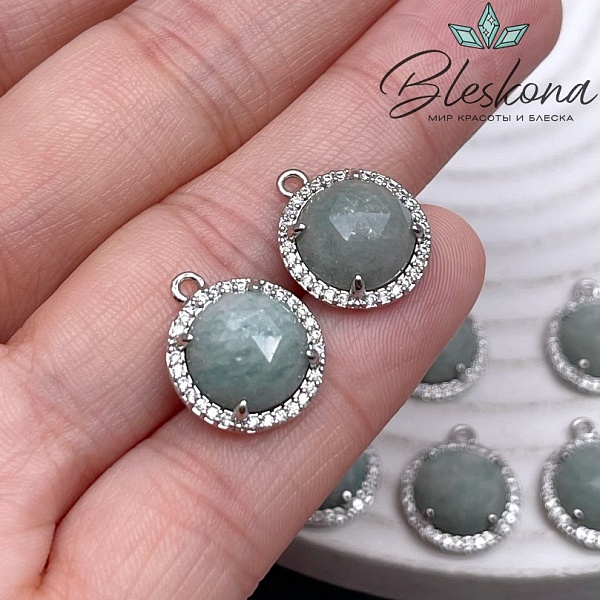 13 мм, цвет серебро Подвеска круг Амазонит огранка в обрамлении цирконы
