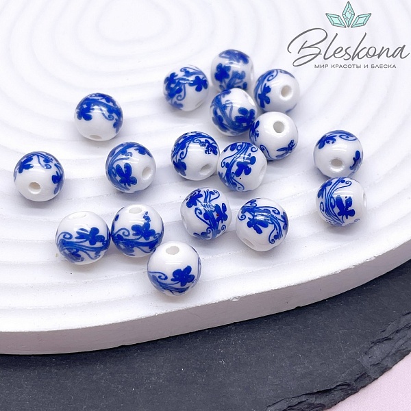 10 мм Керамика Бусина роспись гжель №1 (штучно)
