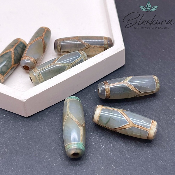 Бусина Дзи черепаха зелено-коричневый бочонок 30*11 мм