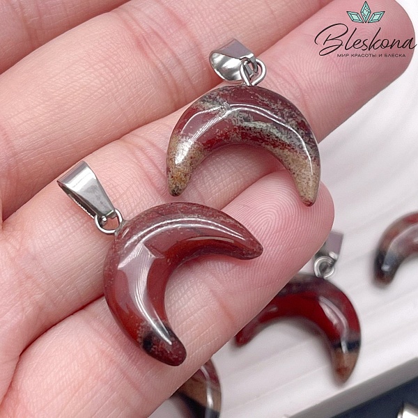 19*16,5 мм Цвет серебро, Подвеска лунница Яшма огненная 