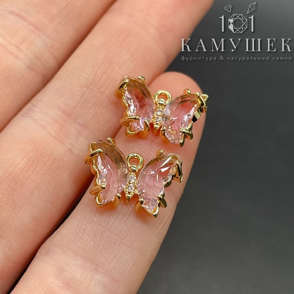 10*15,8мм, Цвет золото, Подвеска Бабочка розовое стекло