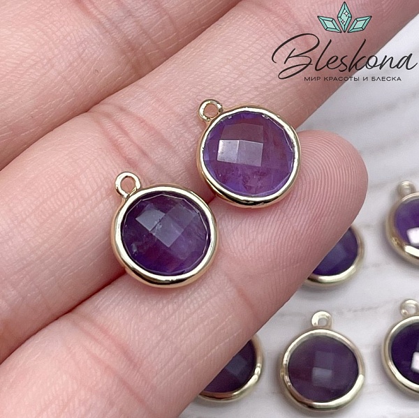 10,5мм, цвет золото ,Подвеска круг мини Аметист огранка