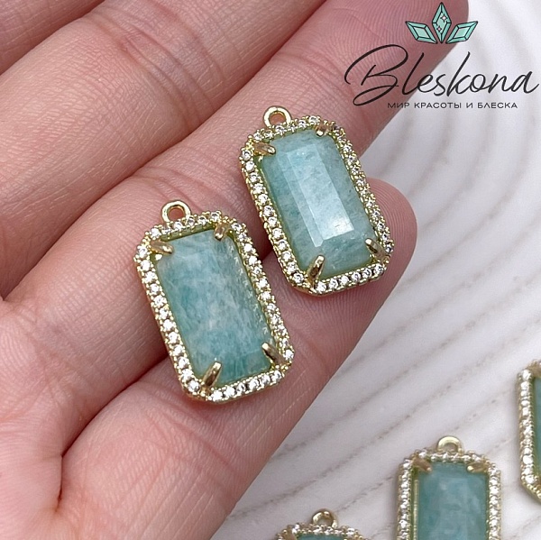 12*21мм, цвет золото ,Подвеска Прямоугольник Амазонит в обрамлении цирконы