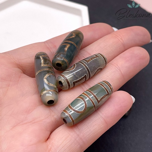 Бусина Дзи Небо и Земля зелено-коричневый бочонок 30*11 мм