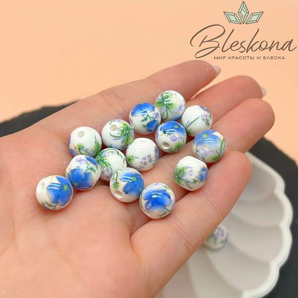 10 мм Керамика Бусина роспись гжель №9 (штучно)