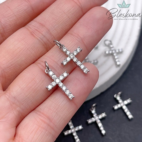 18,5*11,5 мм, цвет серебро, Подвеска крест белые цирконы 