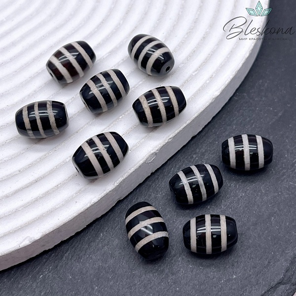 Бусина Дзи Полосатая черно-белый бочонок 10*14 мм