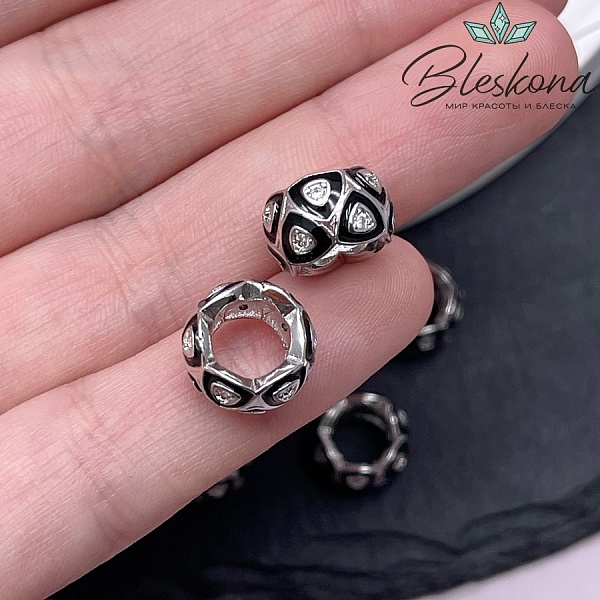7*12 мм Цвет серебро, Бусина бочонок эмаль цирконы
