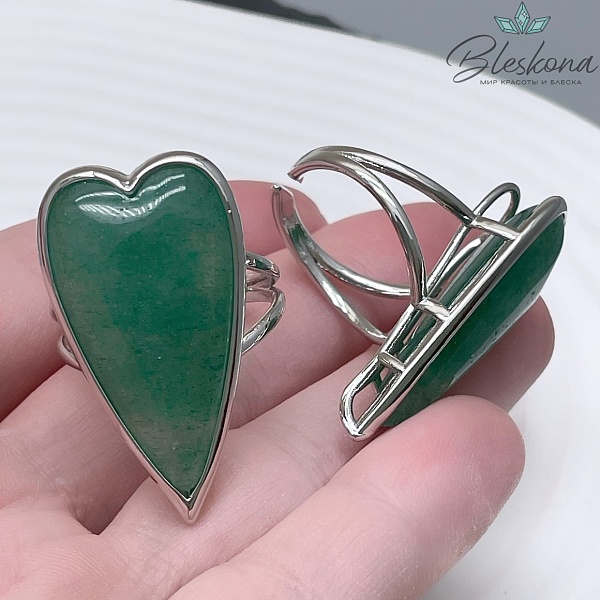 21мм,Цвет серебро, Кольцо сердце 34*18,3мм Кварц тонированный зеленый безразмерное 