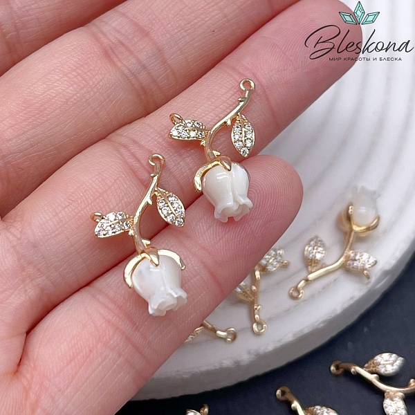 25*12 мм Цвет золото, Коннектор тюльпан перламутр с цирконами