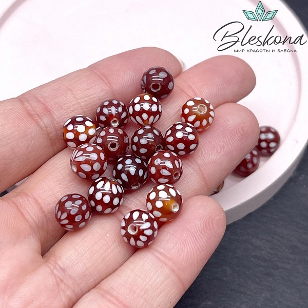 Бусина Дзи точки бело-коричневый шар 8 мм уп.15 шт.