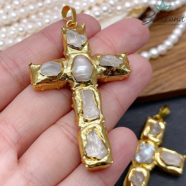 38*65 мм Цвет золото, Подвеска крест Жемчуг, Горный Хрусталь в обрамлении