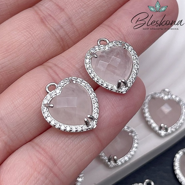 16*18мм ,цвет серебро, Подвеска Сердце в обрамлении розовый кварц огранка цирконы