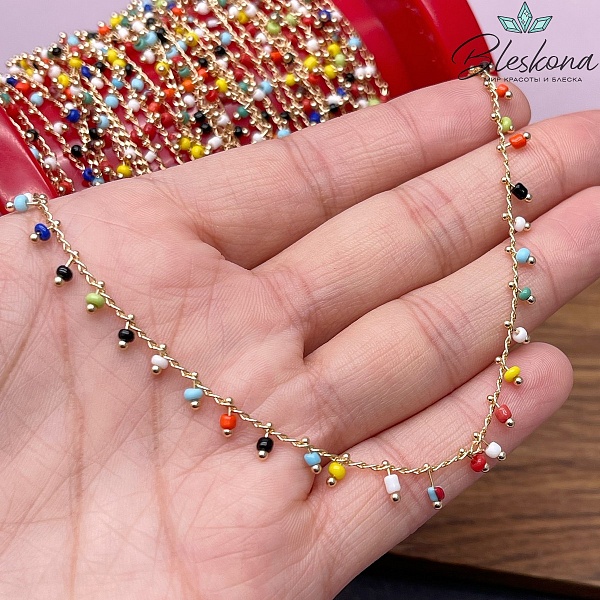 Цепь №165-1 цвет золото, бусины 2,8*2 мм 