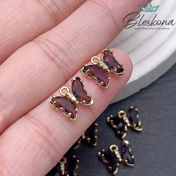 9,5*11 мм, Цвет золото, Подвеска бабочка стекло аметистовое 