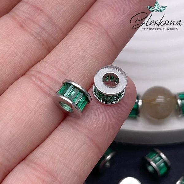 8*5 мм Цвет серебро, Бусина - разделитель зеленый циркон