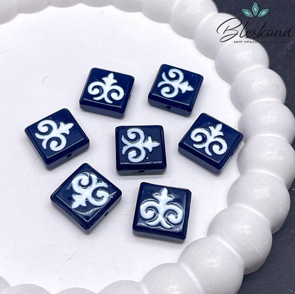 15 мм Бусина Этно квадрат синий белый рисунок